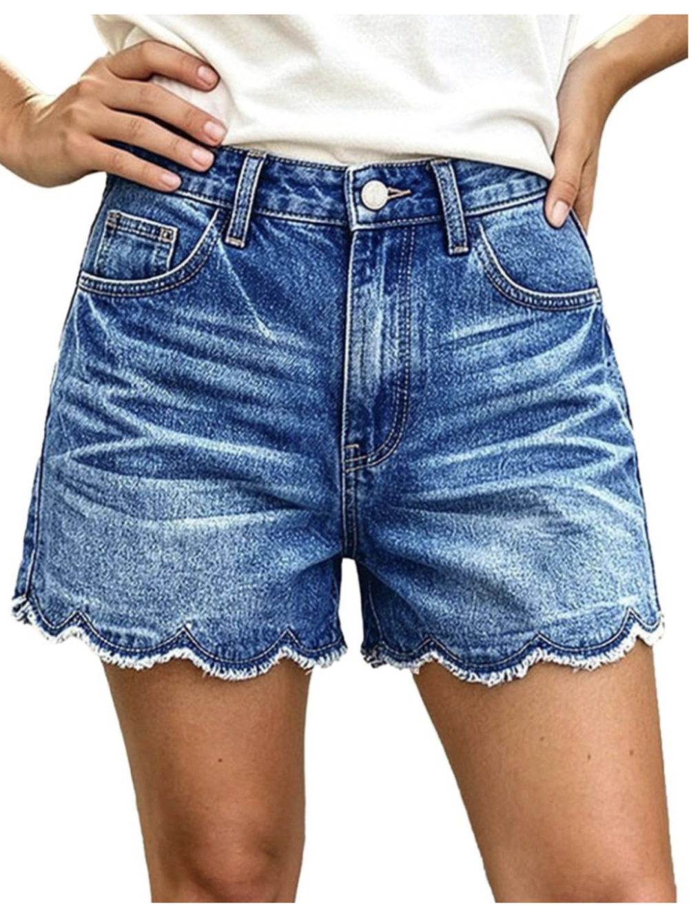 Flamingals Mid Rise Denim Mid Thigh Wash Scallop Trim Shorts S